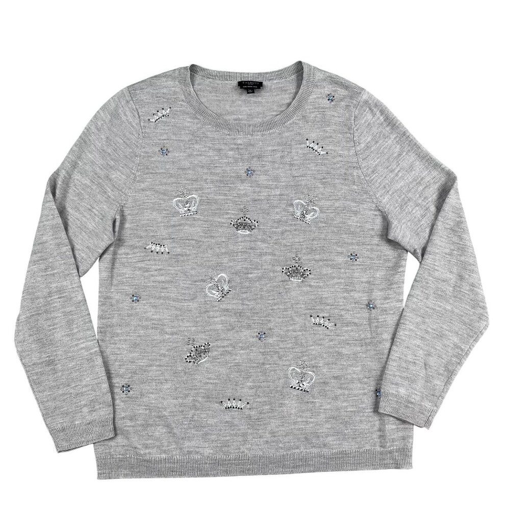 Talbots Sweater Womens PL Pure Merino Wool Grey Pullover Crown
